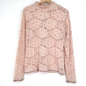 Guess Pink Sheer Floral‎ Lace Turtleneck Long Sleeve Top Blouse Size L